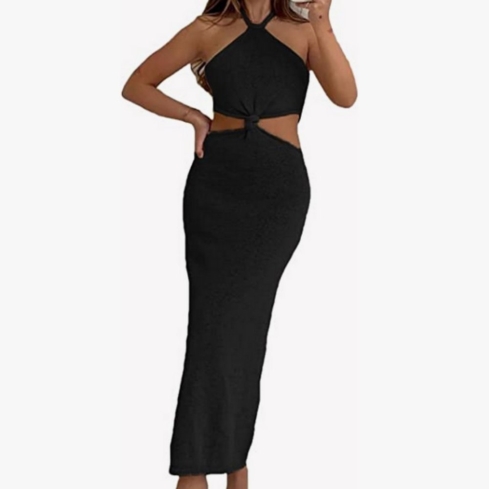 Black Knitted Cut Out Casual Summer Beach Dress / Coverup - size Large